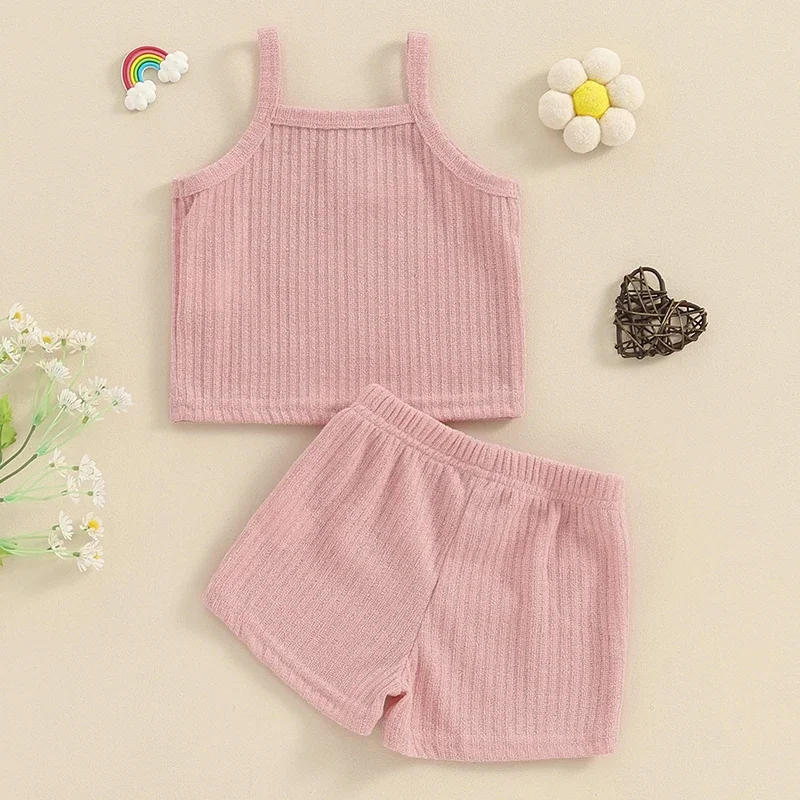 Summer Children Clothing Kids Clothes Girls Solid Ribbed Sleeveless Tanks Tops Shorts Set Toddler Casual Clothes 1-5Y