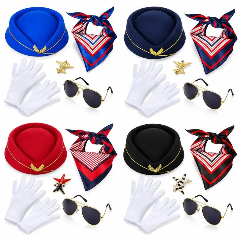 Pilot Stewardess Costume Accessory Set For Adults Flight Attendant Hat Scarf Gloves Sunglasses Plane Brooch Kit Halloween Outfit
