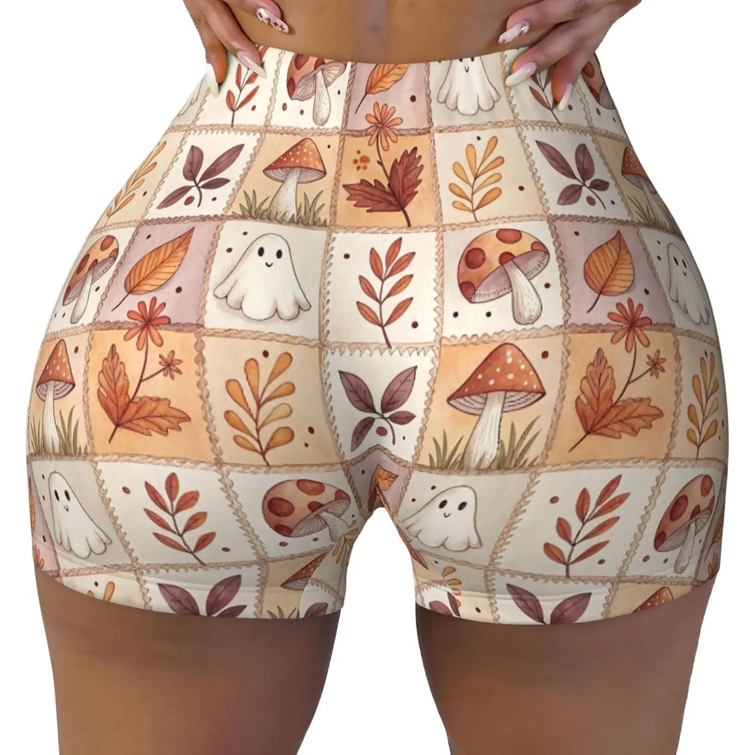 Pantaloncini da allenamento con stampa a vita alta da donna con funghi fantasma e foglie cadenti Pantaloncini da yoga elasticizzati per sport, atletici, corsa