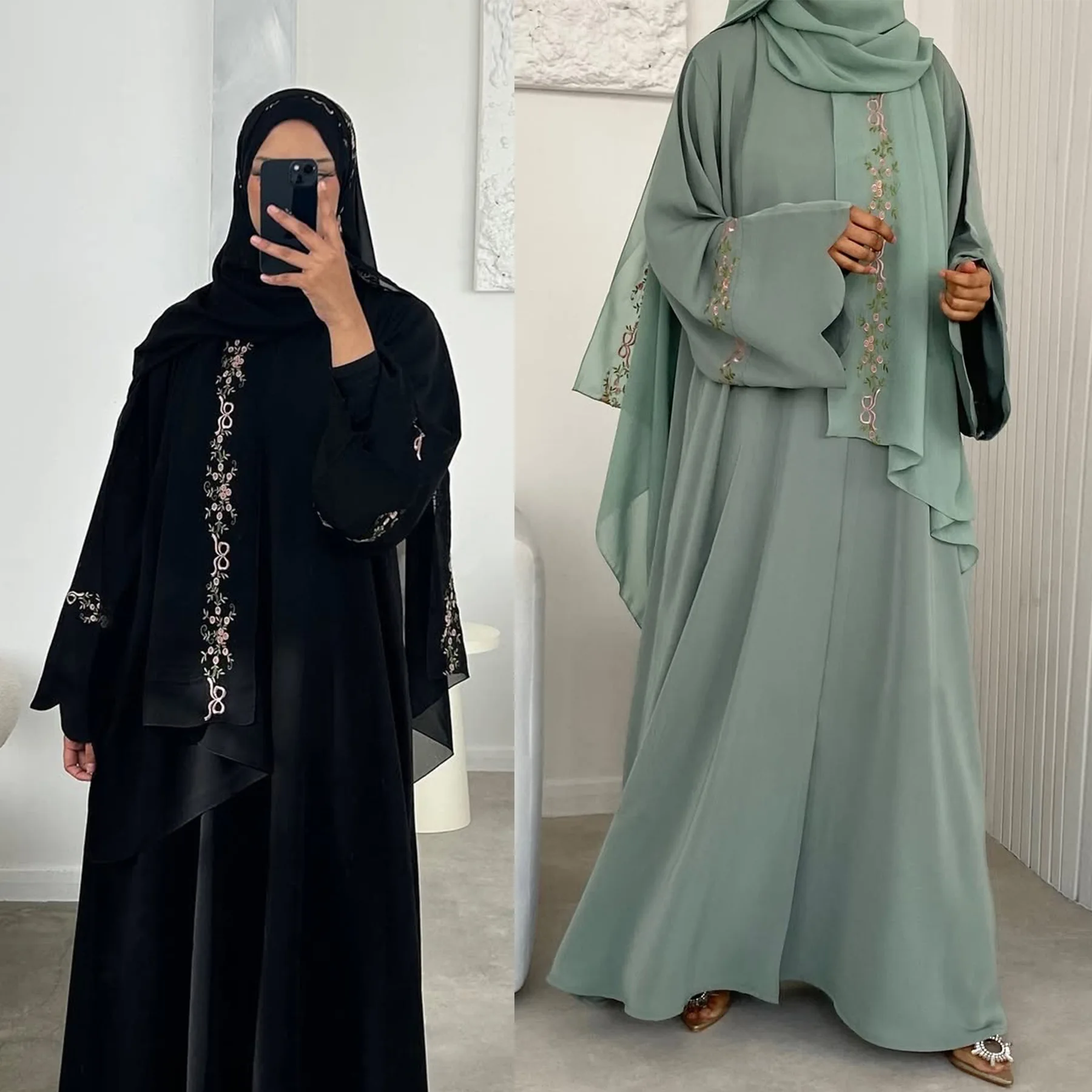 

2025 New Fashion Embroidered Nida Abaya Beautiful Floral Pattern Modest Islamic Clothing Dubai Elegant Cardigan with Hijab Abaya