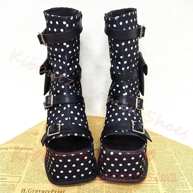 Polka Dot Wedge Platform Sandal Boots Women Ankle Strap Buckle Mary Janes Punk Y2K Kawaii Streetwear Shoes Leather Fashion New