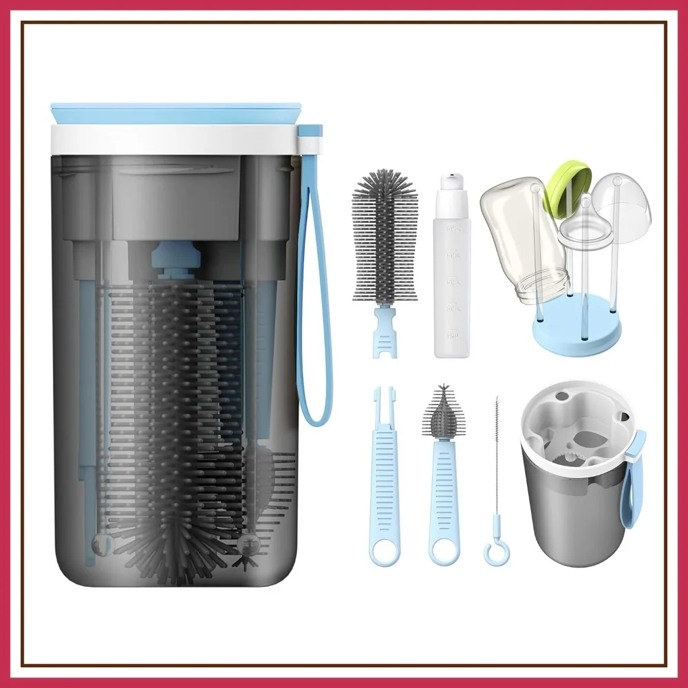 

6-in-1 Travel Bottle Brush Set, Silicone Bottle Cleaning Kit with Drying Rack, Portable Baby Bottle Cleaner for On-the-Go