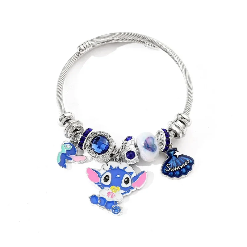 달 별 DIY 파란색 핑크 구슬 장식 귀여운 릴로 & 스티치 매력 팔찌, 사랑 펜던트 Pulsera 쥬얼리 액세서리, 어린이 소녀 선물