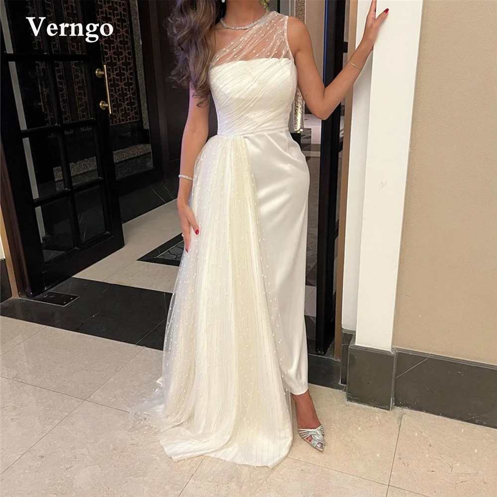 

Verngo White One Shoulder Long Evening Dresses Silk Satin Dotted Tulle Overskirt Saudi Arabic Formal Prom Dress Women Party Gown