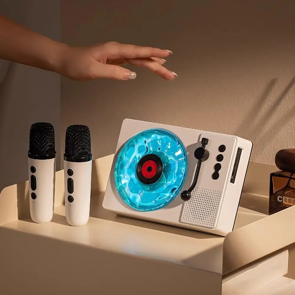 Retro-Style Vinyl Record Player with Karaoke Speaker - Dynamic Water Ripple RGB Light, Microphone, and White Noise Sleep