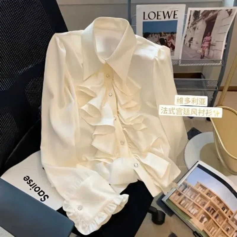 

Рубашка для женщин на весну, нишевый сладкий шикарный топ, рубашка с нежным темпераментом, дворцовый стиль, французский кружевной лацкан