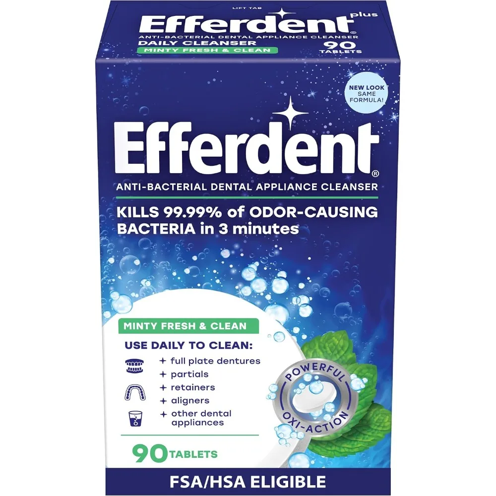 Denture Cleaner Tablets for Dental Appliances Aligners Mouth Guards and Retainers Extra Strength Minty Fresh Formula 90 Count Effervescent Cleaning Tablets Removes Stains Plaque Odor and Bacteria for a Deep Clean Safe