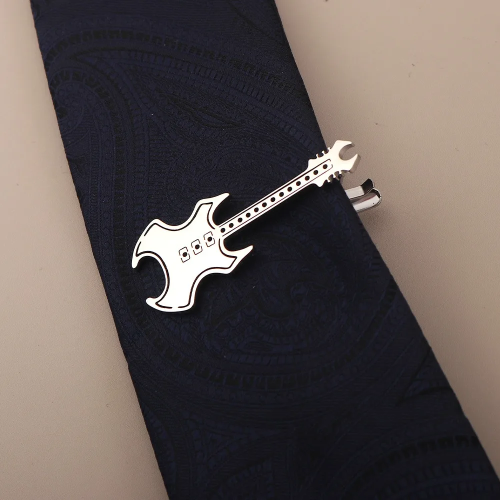 Creative Treble Clef Guitar Tie Clip Instrument Punk Music Note Tie Pin Titanium Steel Hip Hop Piano Necktie Buckle Men