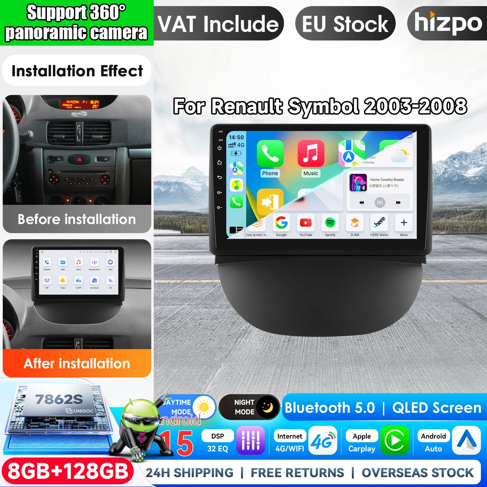Autoradio-Navigationssystem für Renault Symbol 2003-2008, kabelloses Carplay, Touchscreen, GPS, Video-Multimedia-Player, Android Auto, Headunit, kabellos mit Apple CarPlay, intelligente Systeme,