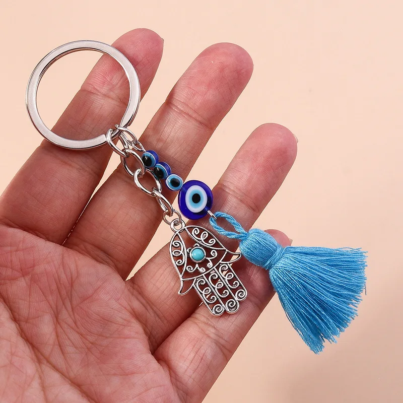 Anti-lost Car Keychain Keyring Palm Evil Eye Tassel Key Chain Holder Accessories Gift for Husband Wife Couple Women Men Jewelry