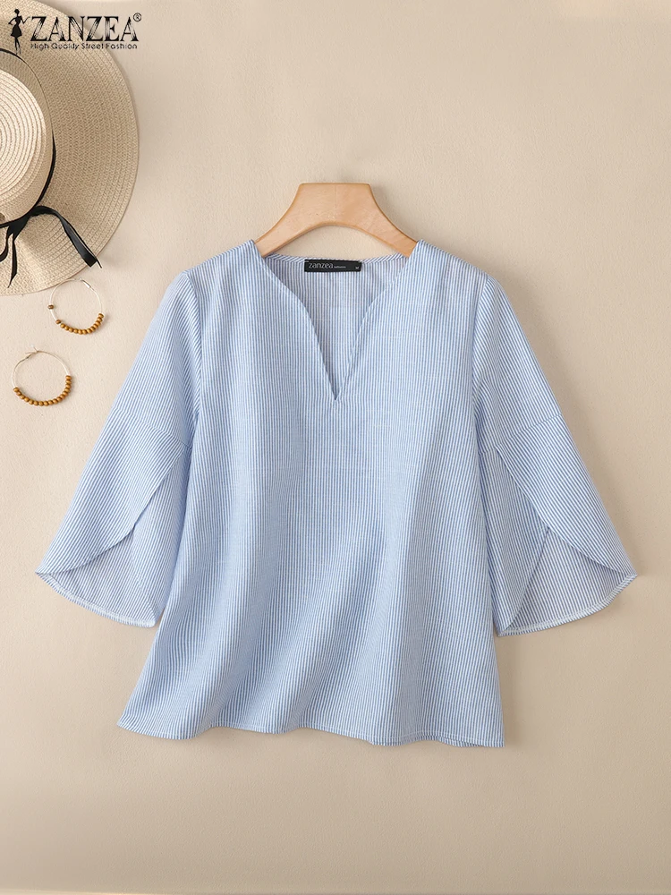 ZANZEA 2025 Summer Striped Blouse Stylish Women V Neck 3/4 Sleeve Shirt Casual Tops Female Work OL Blusas Loose Chemise Oversize