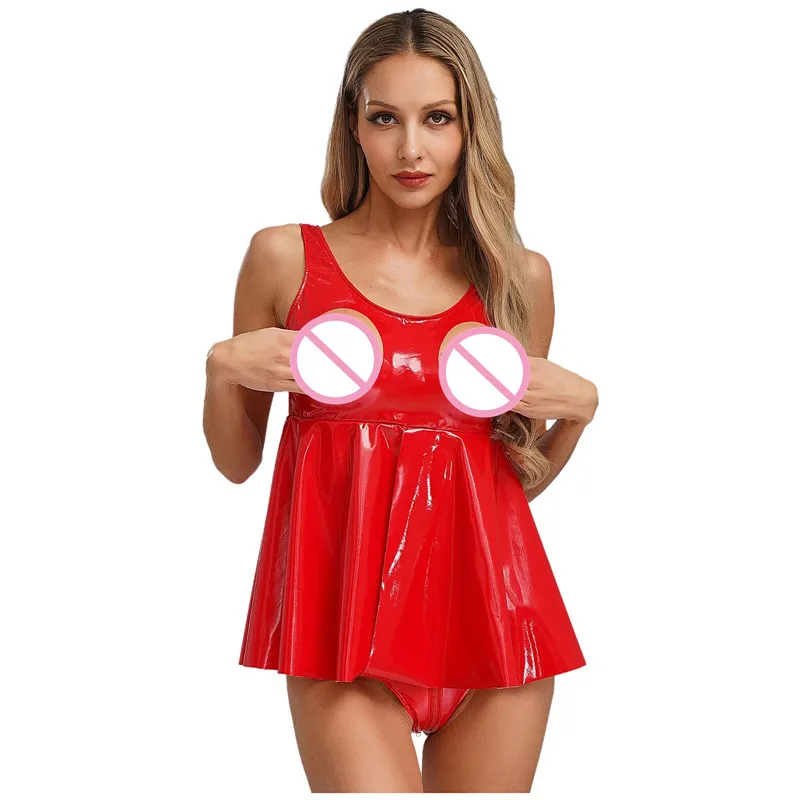 Lingerie Patent Leather Sexy Tops Women Sleeveless Shiny Breast Hollow Out Flare Vest Tops for Erotic Tempting Nightwear Pajamas