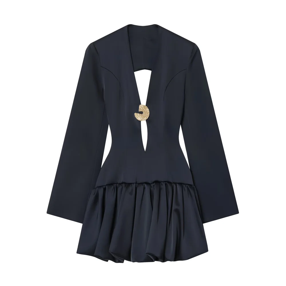 Autunno e inverno nuove donne sexy cintura antivento spalline manica lunga profondo scollo a V versione a palloncino mini abito