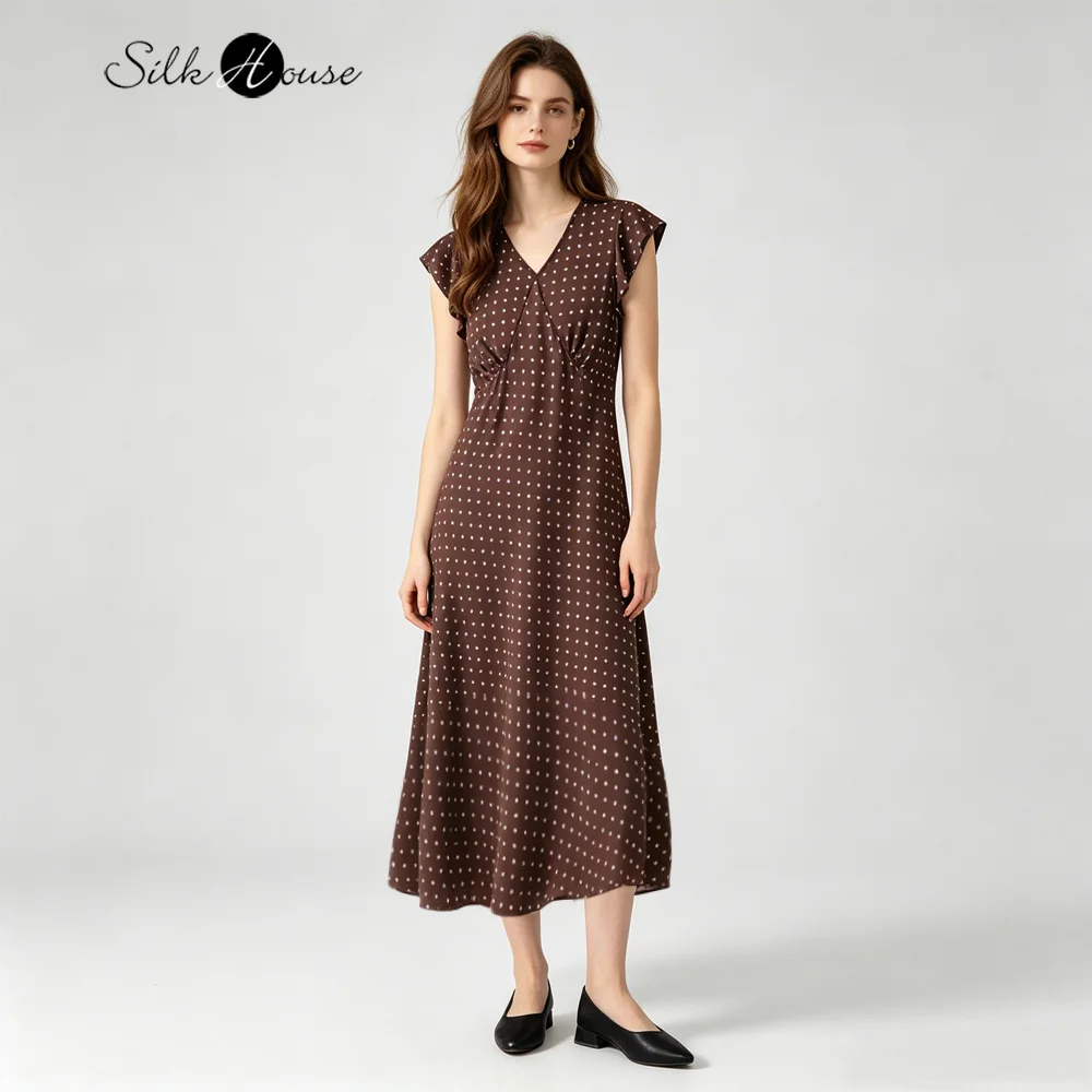 Women's Casual Summer New Elegant V-neck Slant Cut Print Slim Fit 100% Natural Mulberry Silk Crepe De Chine Polka Dot Dress