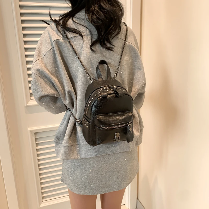 Female Riveted Small Backpack Women Punk Rock Style Travel Rucksack Designer Student Schoolbag Leather Phone Shoulder Bag