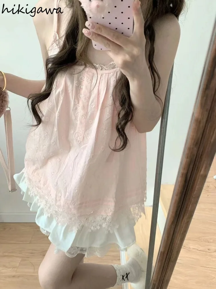 Summer Woman Dress Pink Sweet Loose Sling Robe Femme Patchwork Lace Single Breasted Fashion Cute Dresses Vestidos De Mujer 2024