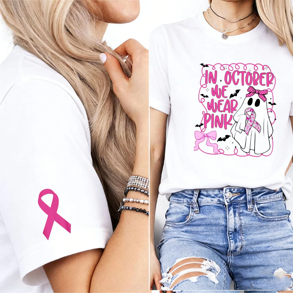 In October We Wear Pink Cute Ghost Bow Print Women T-Shirt Basic Pink Ribbon Cuff Graphic Breast Cancer Halloween Awareness Tees