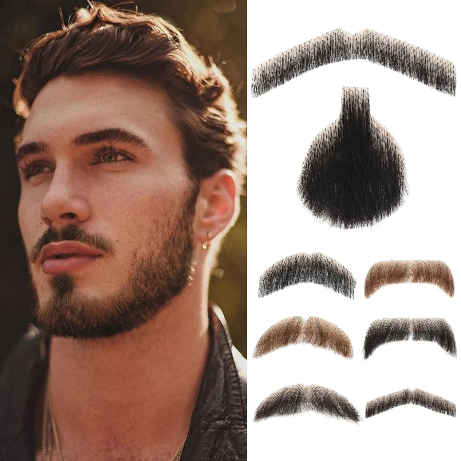 Wigundle Realistic Mustache for Adults Fake Beard 100% Human Hair Lace Invisible Men Makeup Entertainment Drama Party Movie Prop