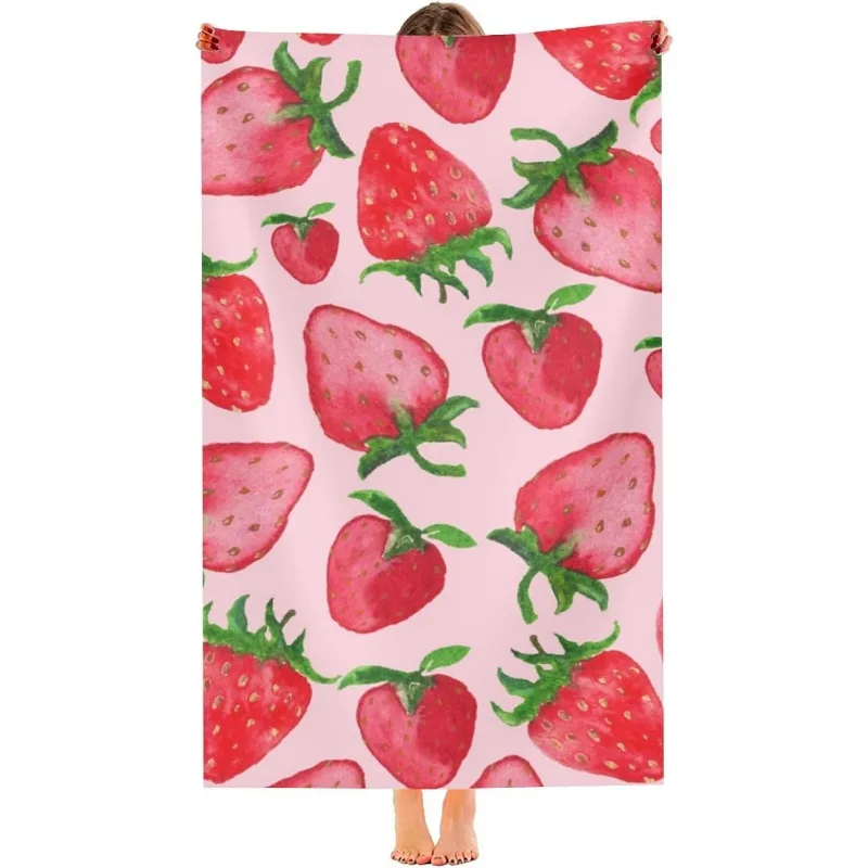 Newest Watercolor Pink Strawberry Repeat Print Microfiber Beach Towel, Quick Dry Fruit Pattern Towel for Beach Swimming