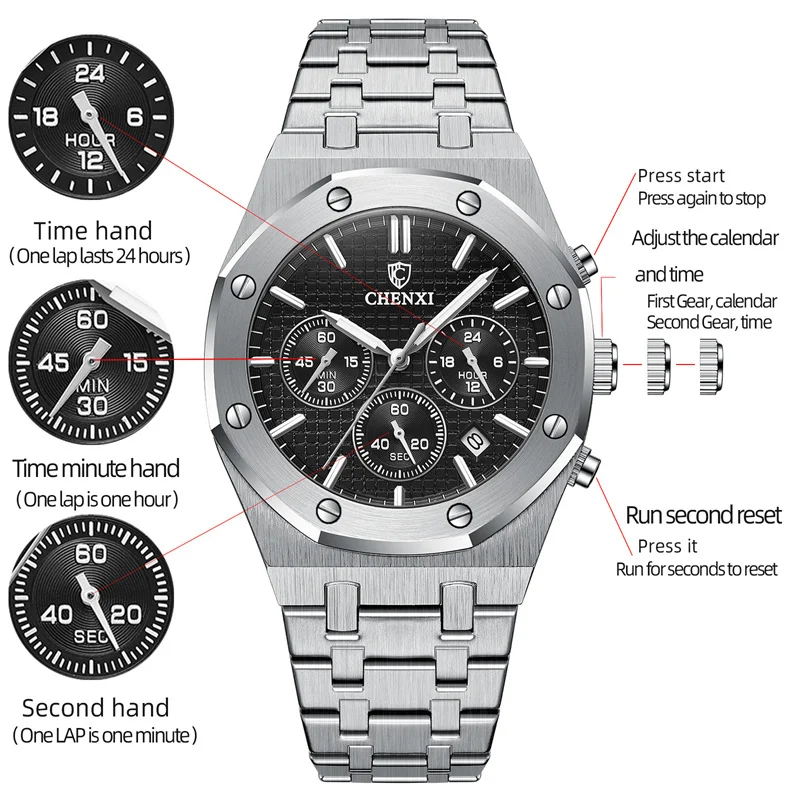 CHENXI 948 Top Luxury Brand Auto Date Wristwatch Mens Sport Waterproof Multi Function Chronograph Stainless Steel Wristwatches