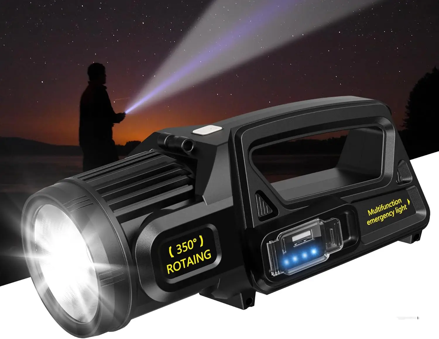 

Перезаряжаемый светодиодный прожектор 350г. ° Вращающаяся головка, 9 режимов, супер яркая, водонепроницаемость IPX6 для чрезвычайных ситуаций на открытом воздухе