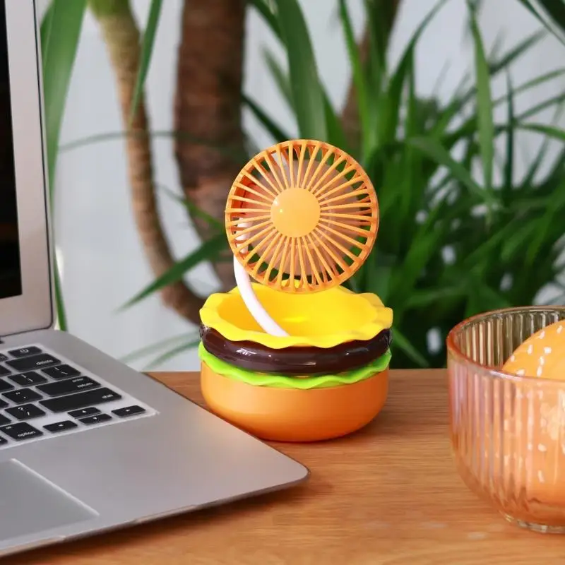 

Adorable Hamburger Design Small Fan 3 Speed Setting Rechargeable Via USB Cable Portable For Summer Use F19E