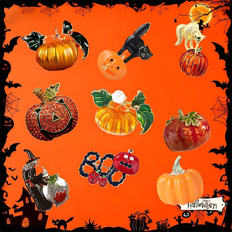 Halloween Series Brooch Funny Christmas Eve Pumpkin Black Cat Witch Apple Devil Trick-or-Treat Pin Badge Holiday Gift