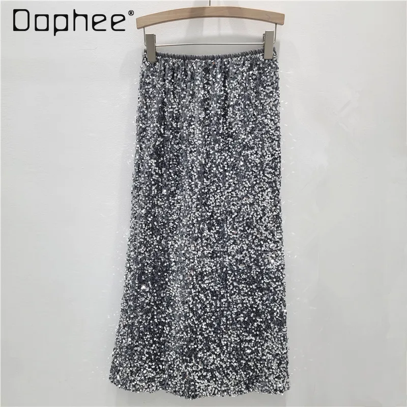 

Французская тяжелая бархатная юбка-миди с пайетками для женщин, новинка 2023 года, осень-зима, утягивающие универсальные юбки трапециевидной формы средней длины с высокой талией