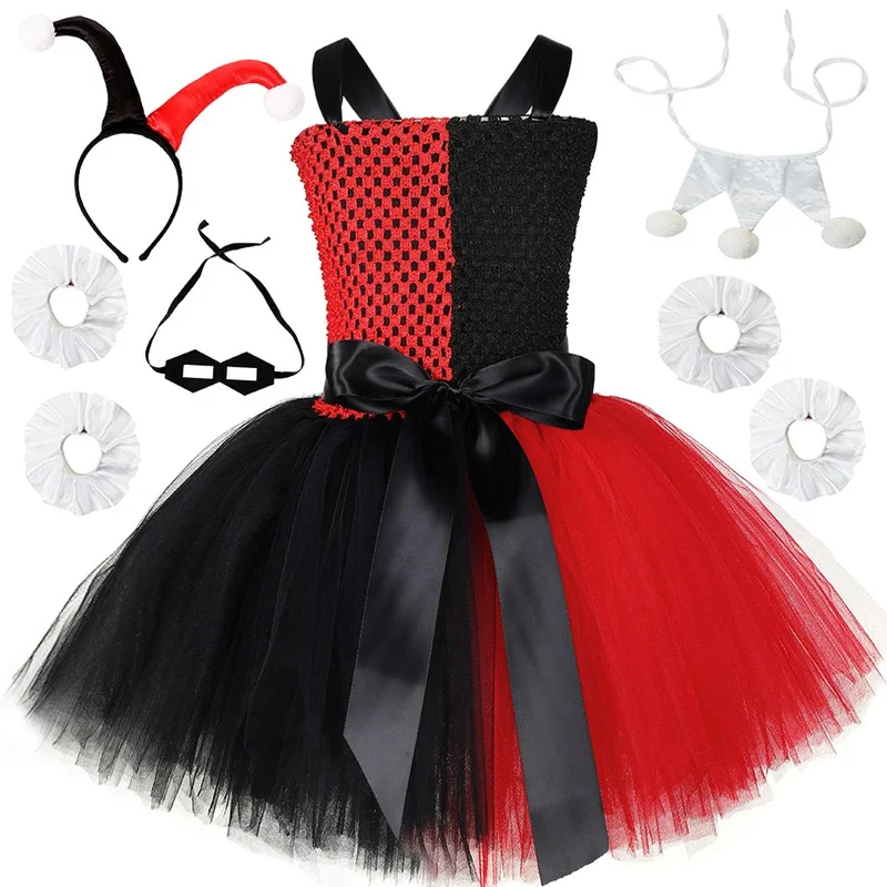 Black Red Harley Clown Costumes for Girls Carnival Halloween Tutu Dress Suicide Squad Cosplay Outfits Kids Fancy Party Clothes