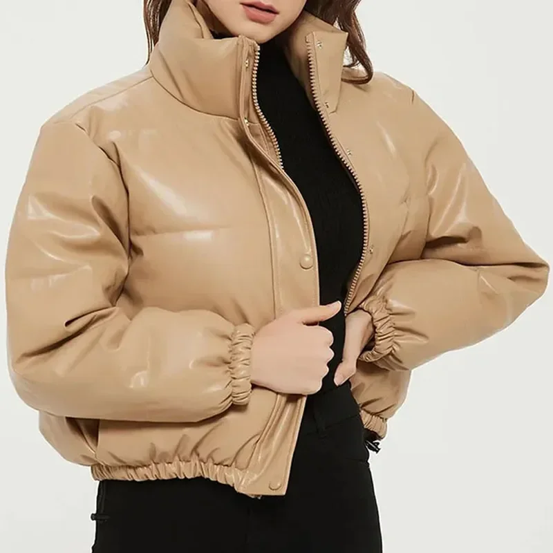 Winter dicke Frauen kurze Parkas warme Mode Pu Leder mäntel schwarze Baumwolle gepolsterte weibliche Daunen jacke elegante Reiß verschluss Kleidung