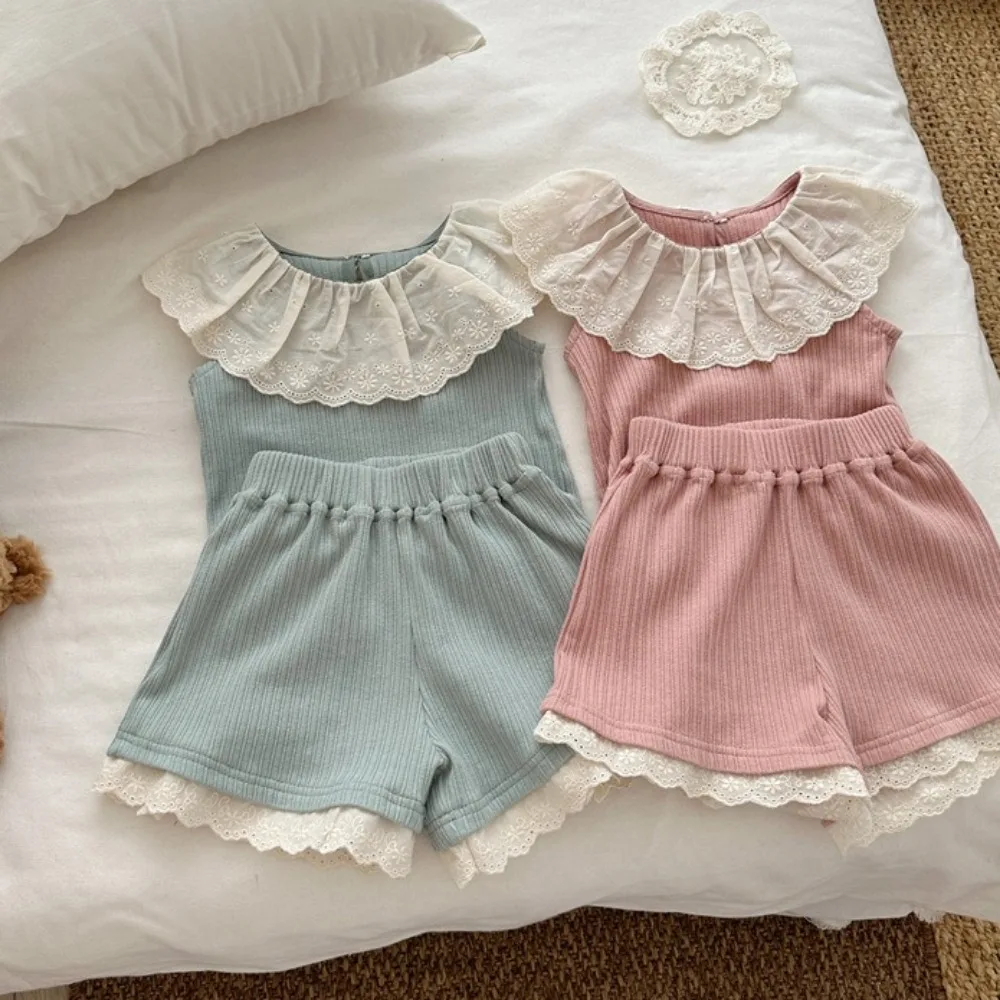 

Children Clothing Set 2025 Summer New Girl's Suit Lace Collar Knitting Vest+Short Sweet Two Piece Suit
