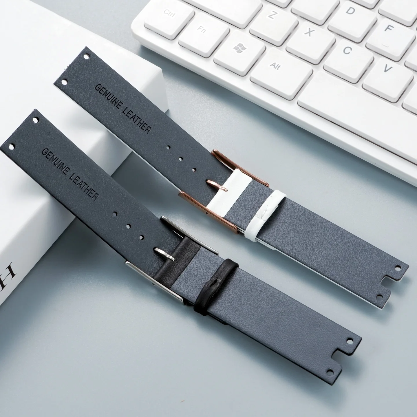 Thin Notched Genuine Leather Watch Band for CK Watches 22mm | Replacement Strap Blue White for Models K9423101 K9423107 K94231