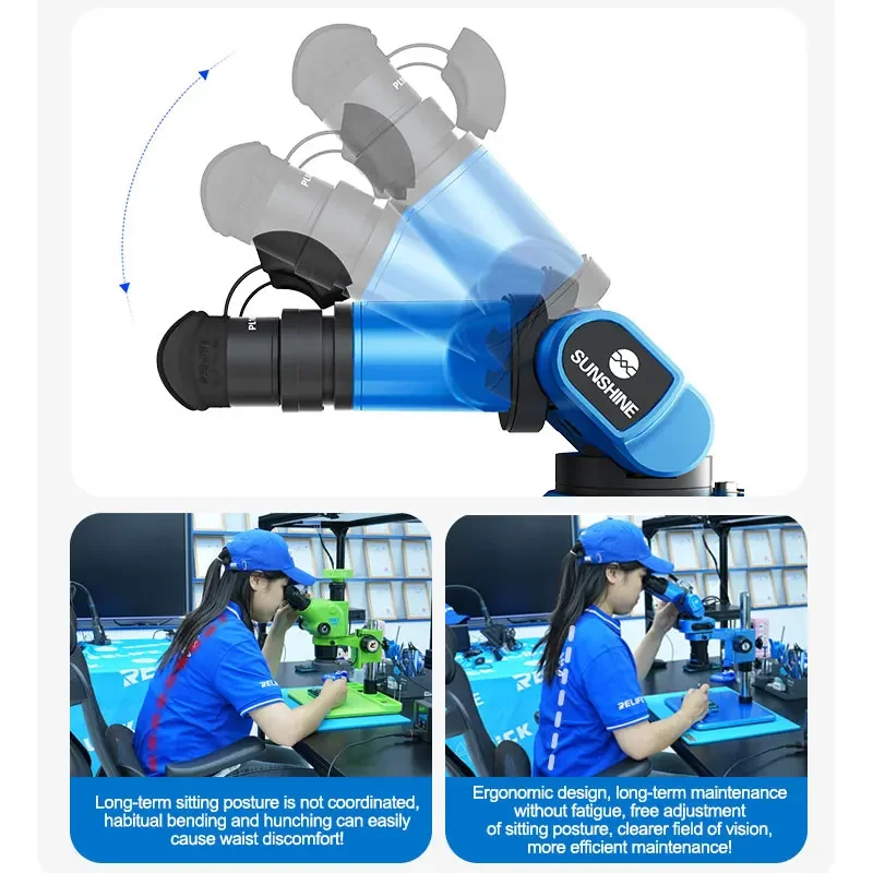 SUNSHINE R360 Pro Trinokularmikroskop, 0,7–5,8-fache Vergrößerung, Einstellring/einstellbare Augenabstandswinkel-Reparaturwerkzeuge