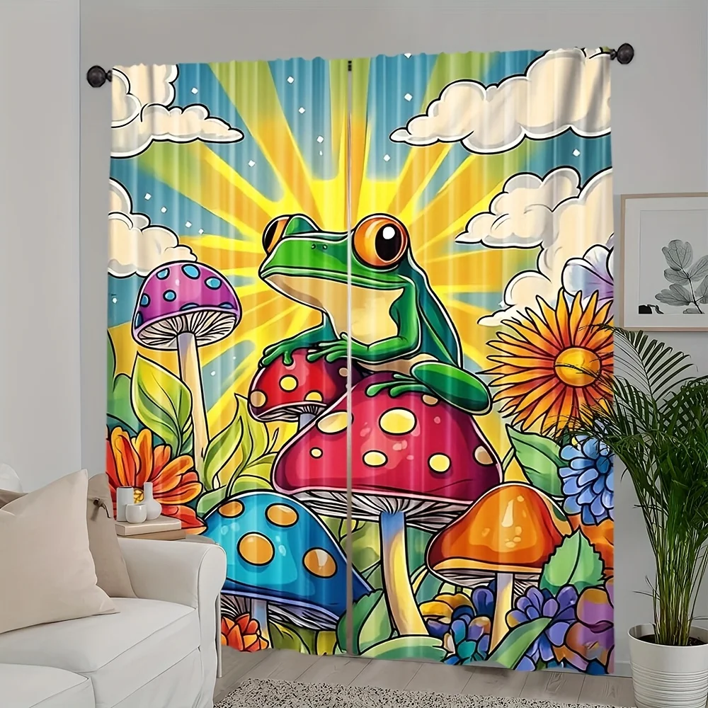 Set of 2, Contemporary Style Curtains Featuring Funny Green Frogs And Mushrooms During Sunset, Made from 100% Polyester, Ideal f