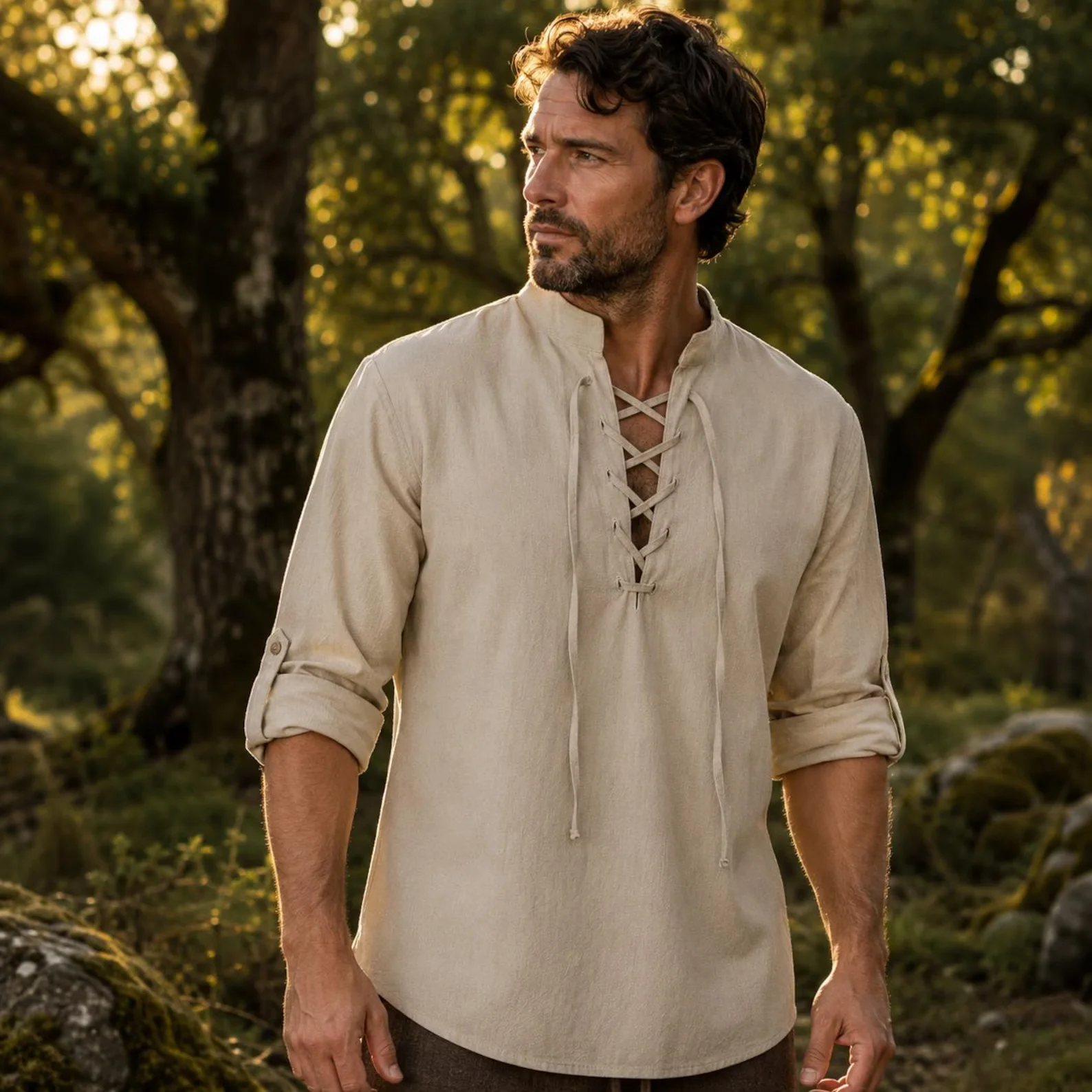 Men Vintage Medieval Lace‑Up V‑Neck Long‑Sleeve Top, Viking Renaissance Shirt for Cosplay Party & Daily Outfit