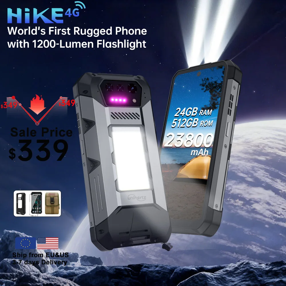 Unihertz 8849 Hike Smartphone Android 14 With 200 Meter Flashlight LED 23800mAh 24GB 512GB Dual Speaker Helio G200 IP68/IP69K 4G