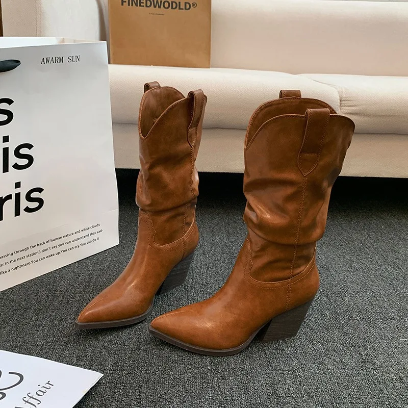 Womens Mid Calf Boots Designer Pleated Leather Boots Chunky Heel Western Cowboy Boot Pointed Chelsea Boots for Women Knight Boot