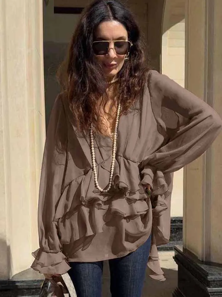 

MCDV Fashion Loose Ruffled Blouse Women Chiffon V-Neck Long Flared Sleeve Pleated Shirt 2025 Summer Casual Daily Street Outfit