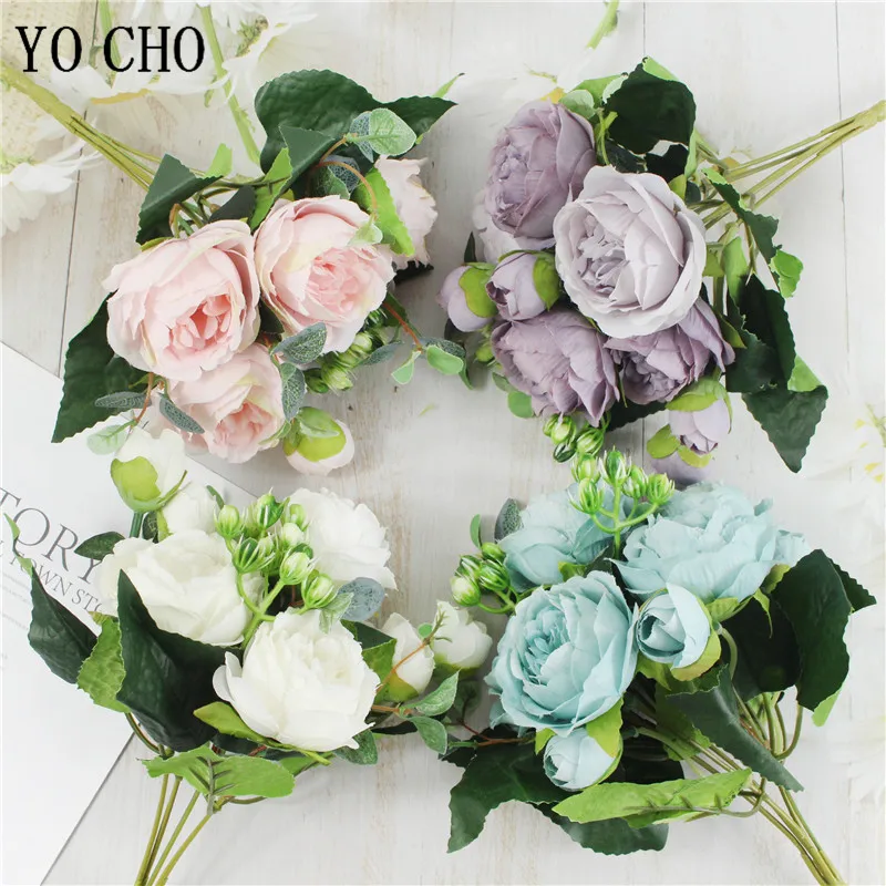 Artificial Silk Peony Flowers Bouquet Rose Pink Cheap Fake Flower for Home Wedding Christmas Decoration 5 Big Head  4 Buds  30cm