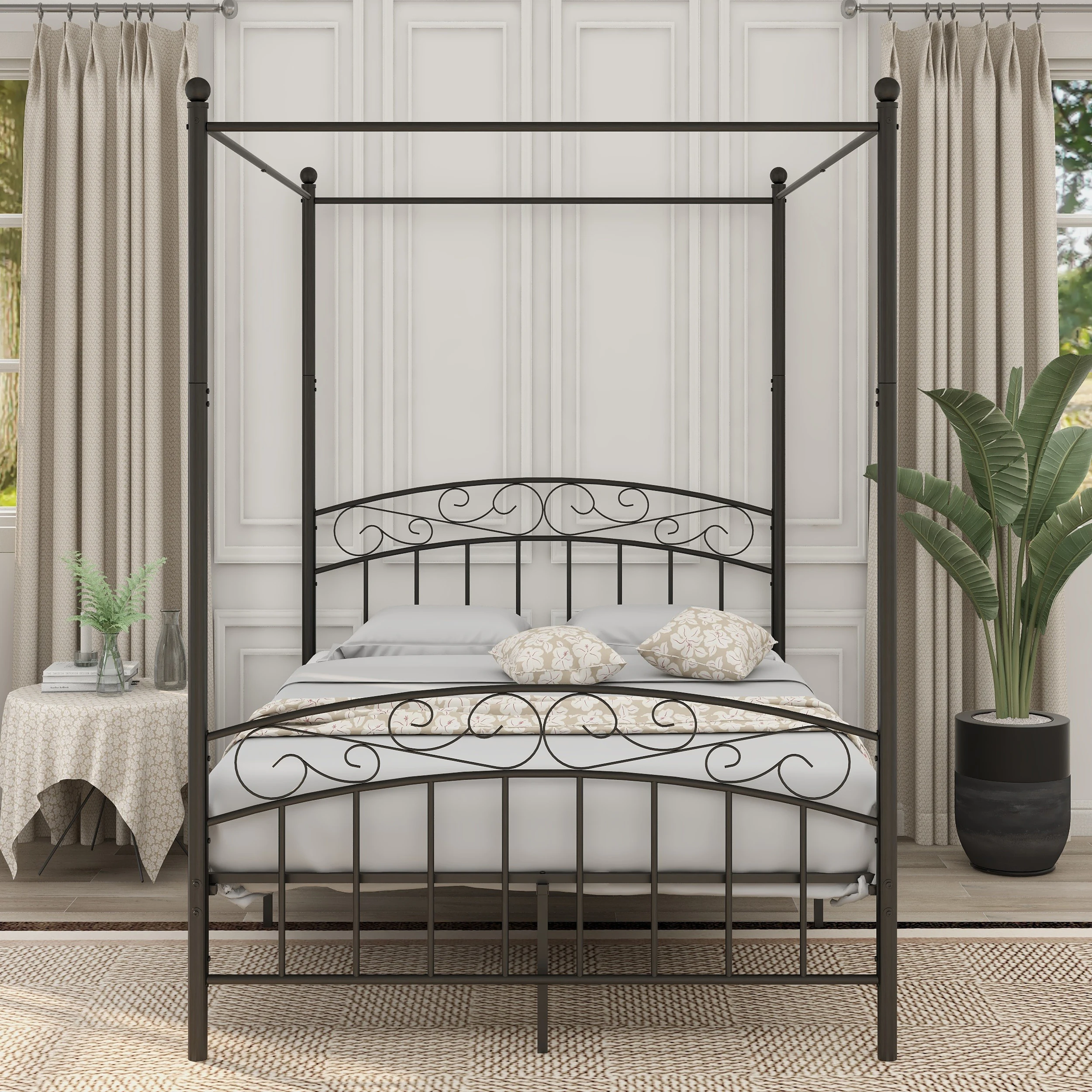 Canopy Bed Frame Black Full Size Four-Poster Metal Platform Bed With Headboard And Footboard Sturdy Heavy Duty Steel Slat Suppor