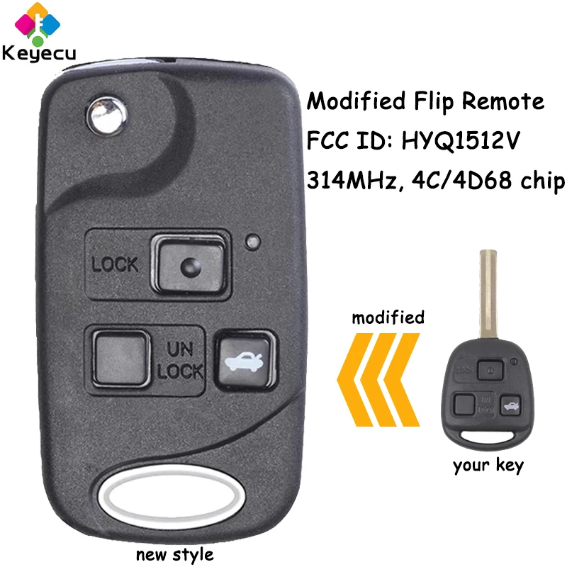 KEYECU Modified Flip Remote Head Key With 3 Buttons 4C/ 4D68 Chip TOY48 Blade for Lexus ES300 GS300 IS300 Fob FCC ID: HYQ1512V