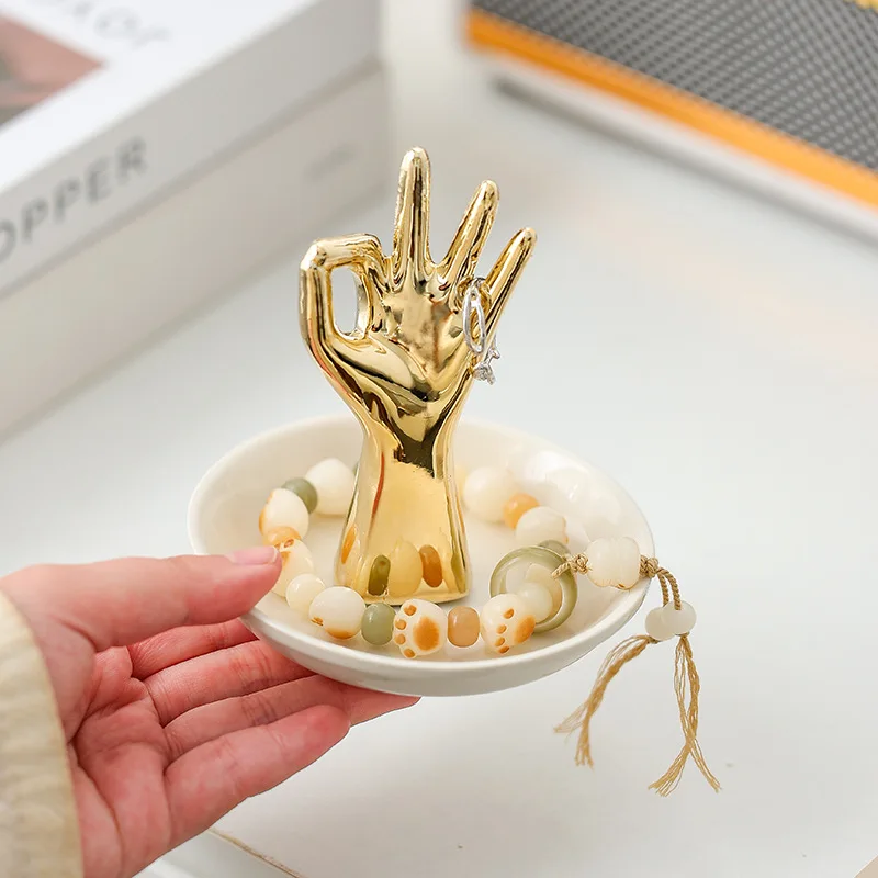 

OKHand Jewelry Tray Dressing Table Storage Tray Ceramic Craft Ornament Ring Tray Nordic Electroplated Gold Gift