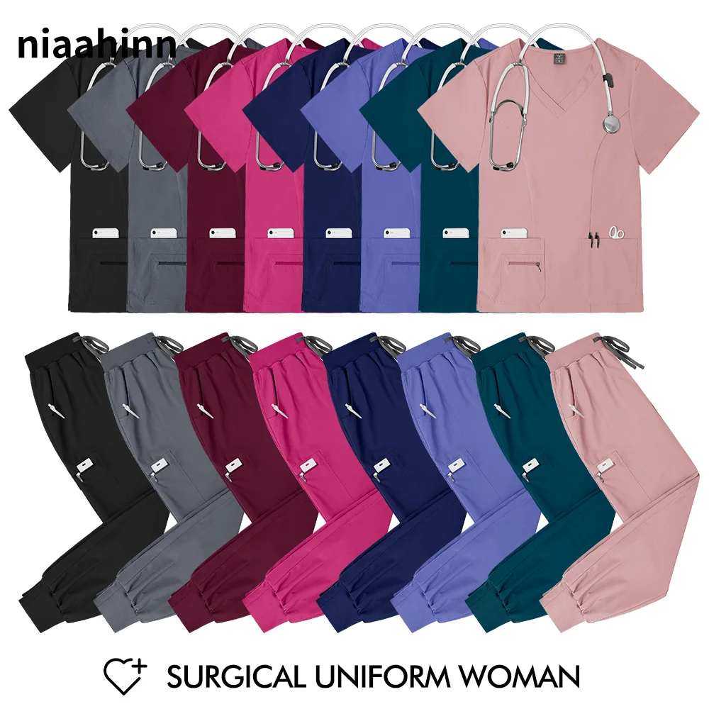 니아힌 의대생 액세서리 유니폼 단색 의사 복장 여성 간호사 스크럽 유니폼 애완동물 미용 작업복 남성