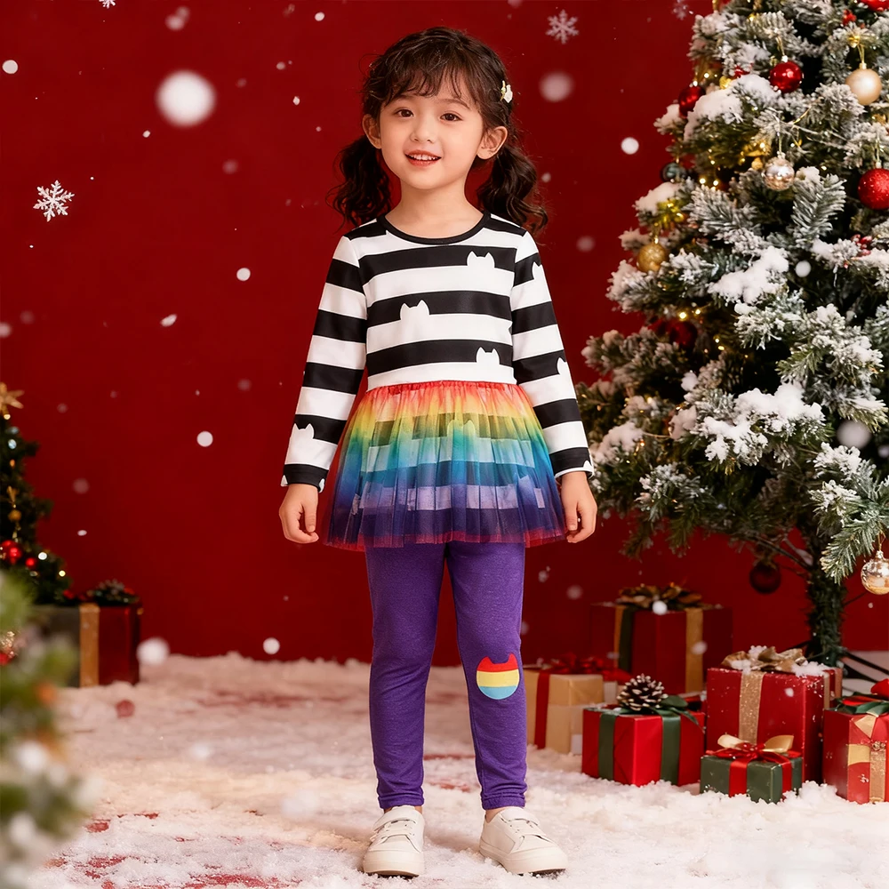 

Christmas Mesh Top Dress +Pants 2Pcs Sets For Children Rainbow Clothing Xmas Party Girls Clothes Cosplay Costume