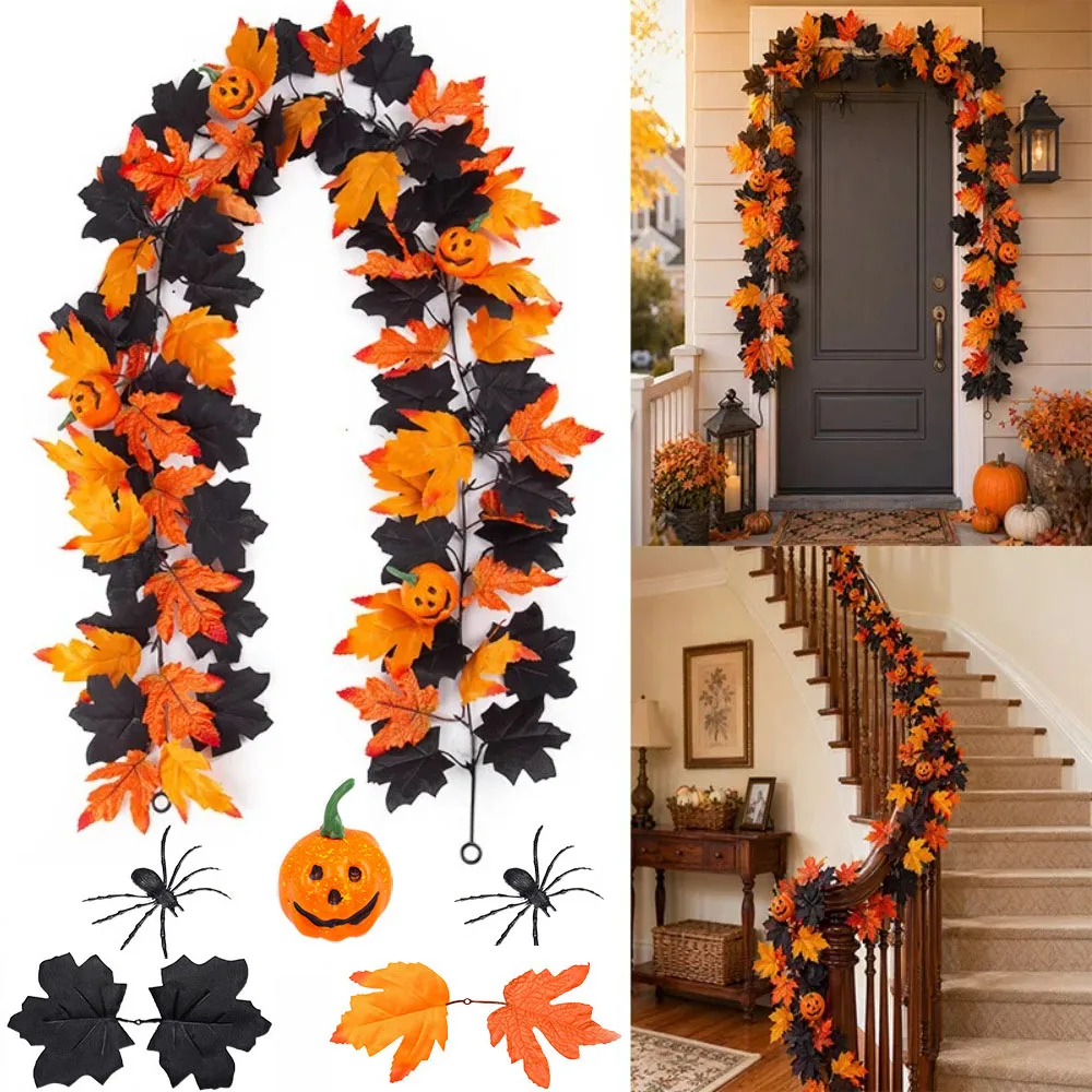 1Pcs Halloween Artificial Maple Leaf Garland 175cm Fall Autumn Fake Foliage Vine Hanging Ivy for Home Party Wall Fireplace Decor