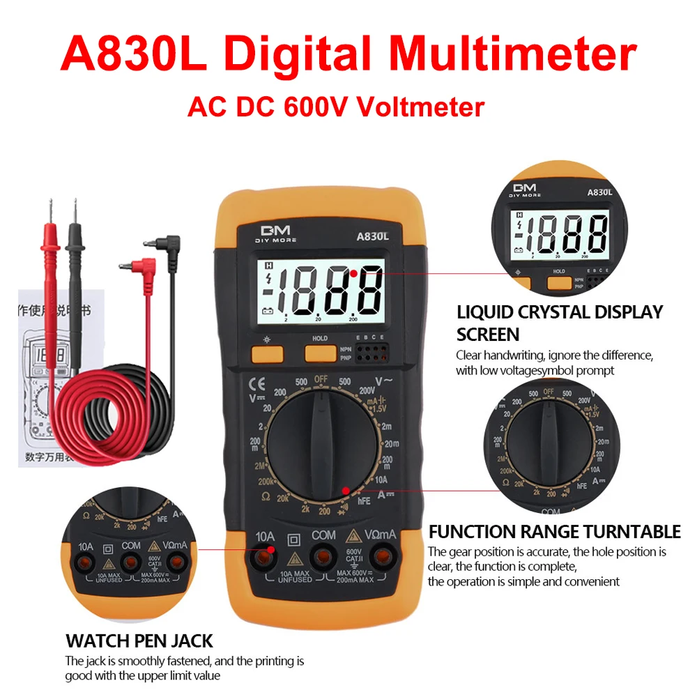 

A830L цифровой мультиметр AC DC 600 В вольтметр напряжение ток диод и сопротивление Freguency тестер температуры бытовые инструменты