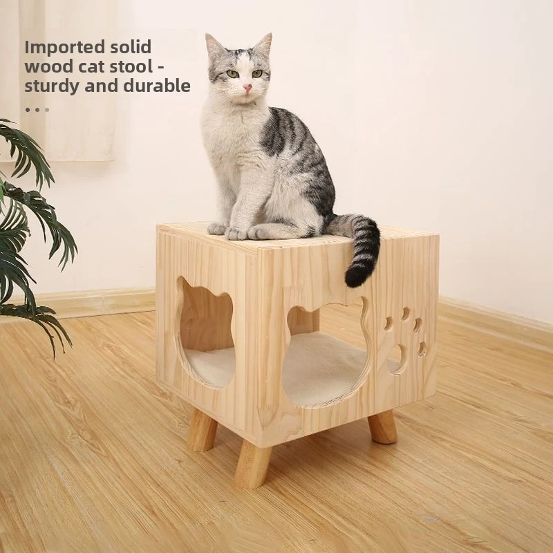 **Solid Wood Shoe Bench Cat Nest Nightstand Stool Human Pet Shared Semi-Enclosed Cat House Jumping Platform Bedroom Furniture**