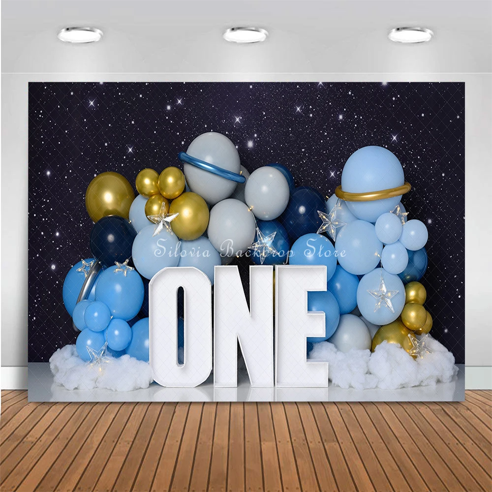 ONE Trip To Space Photo Background Blue Balloon Starry Sky Photo Studio Props Children Birthday Cake Smash Photography Backdrop