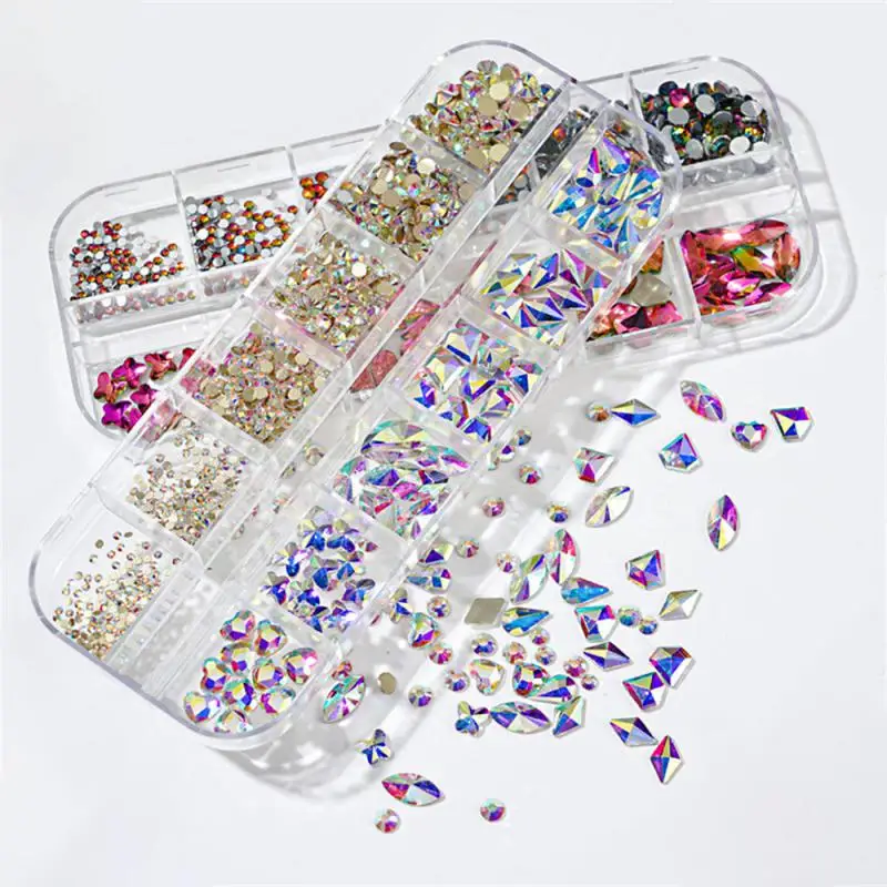 12Gird Box Multi Size AB/Colorful Hotfix Rhinestones Flatback Crystal Gems 3D Glitter Nail Art Luxurious Decorations &*&