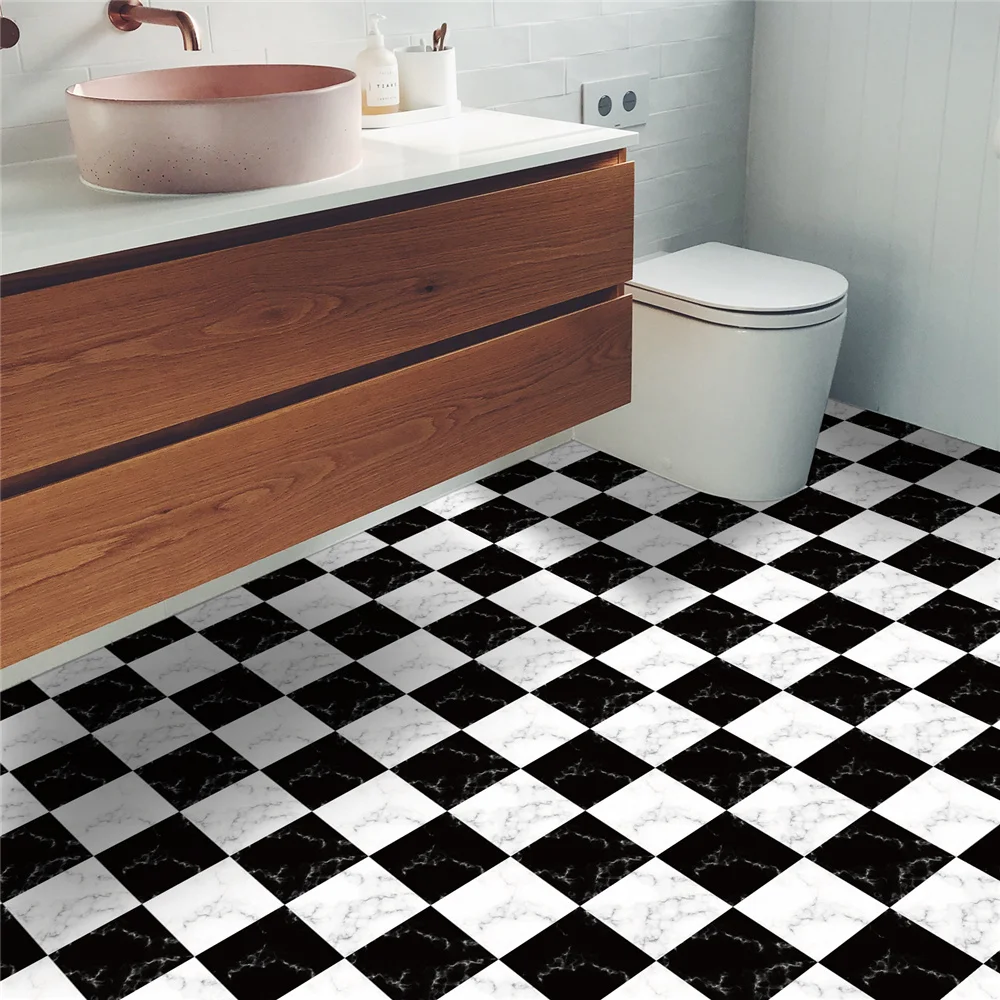 Carreaux de mosaïque noir et blanc, autocollant de sol en marbre Bergame, autocollants décoratifs de rénovation de sol de cuisine, papier peint auto-adhésif